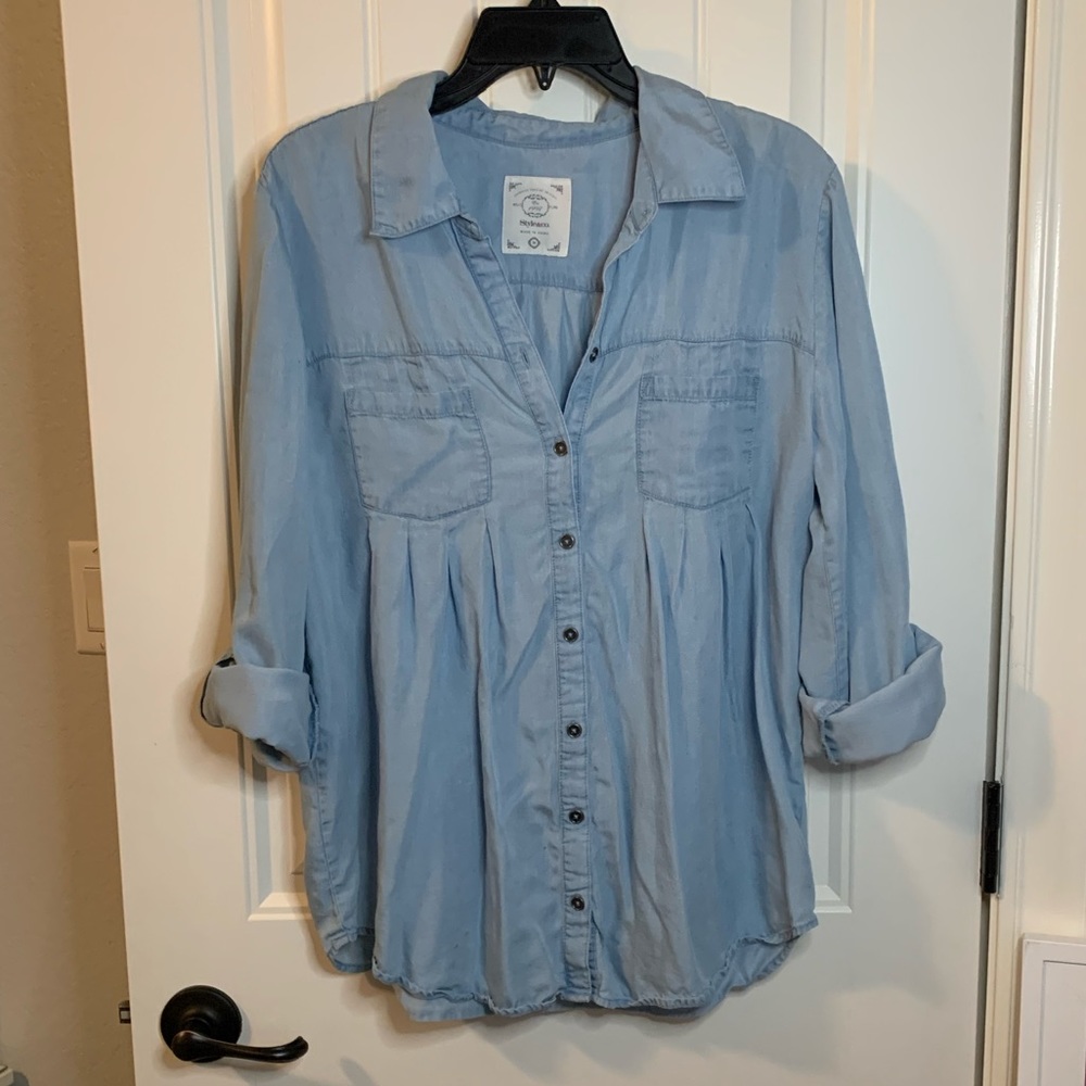 Pleated Denim Button Down